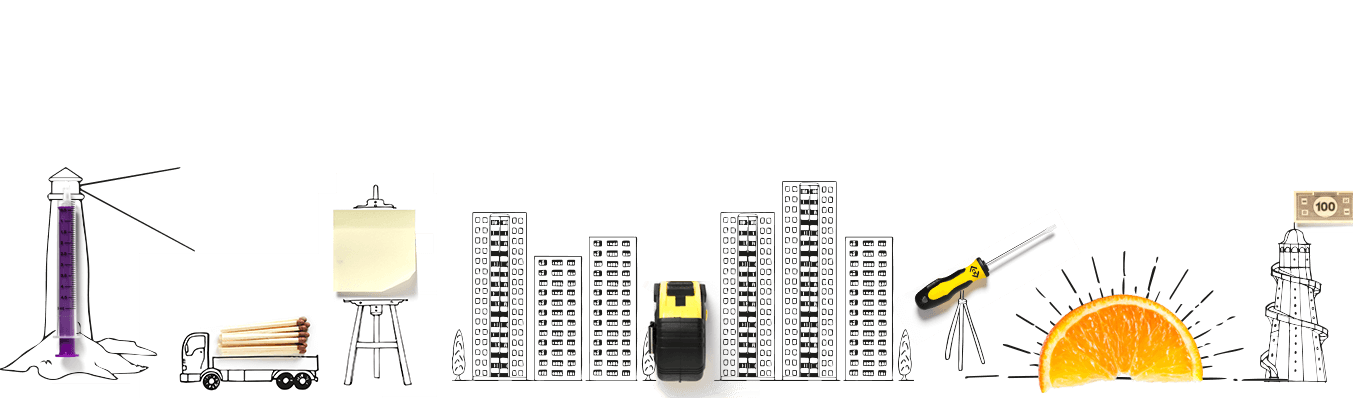 illustrated cityscape with graphics of syringe, matches, sticky notes, tape measure, screwdriver and orange slice